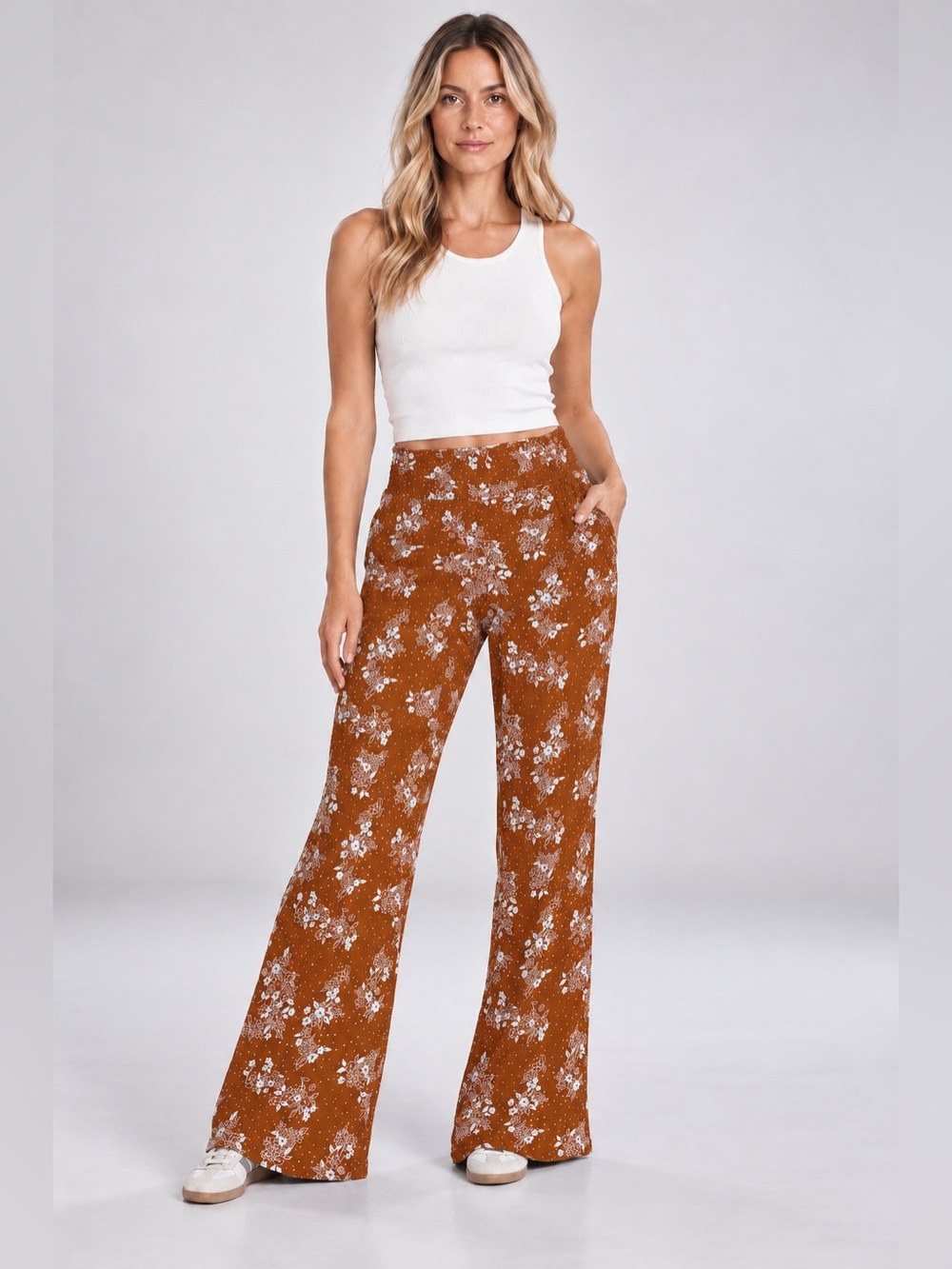 Three Dots Rust Floral Wide Leg Pants Small Pull On Boho Rayon Smocked Oversized